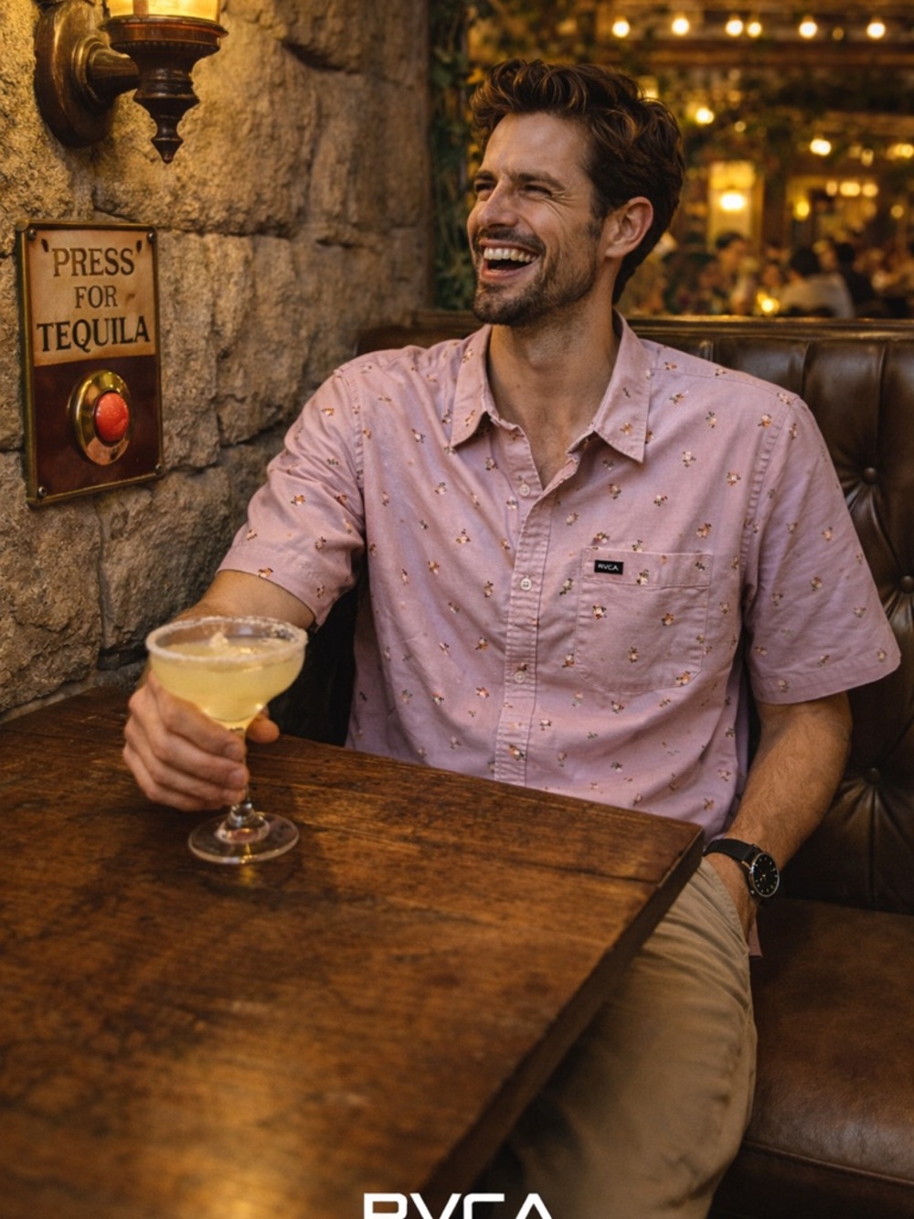 RVCA Men’s Light Pink Short-Sleeve Button-Down Shirt with Subtle Print